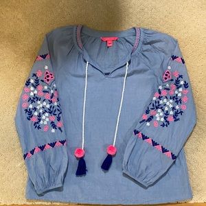 Lilly Pulitzer Chambray Embroidered Top Tassel XS
